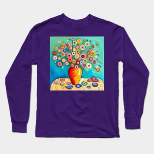 Cute Abstract Flowers in an Orange Vase Still Life Painting Long Sleeve T-Shirt